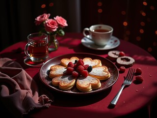 A romantic breakfast with heart-shaped pancakes, tea, and roses.