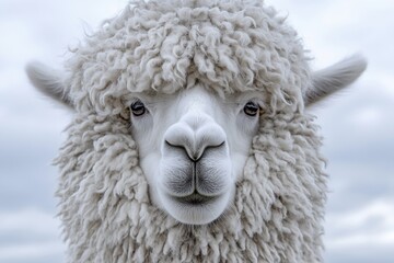 Obraz premium Close-Up Portrait of a Fluffy White Alpaca with Soft Facial Features