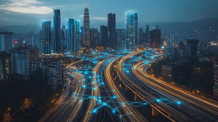 Fototapeta premium Abstract business man stands on the peak of success amid tall, innovative Smart city and graphs with statistics to analyze business potential and predict future developments in company growth.