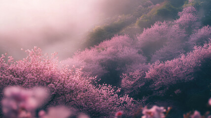 Fototapeta premium Blossoming cherry trees on mountain slopes in springtime. Aerial view cherry treetops in full bloom. Dreamy photo in soft misty morning light.
