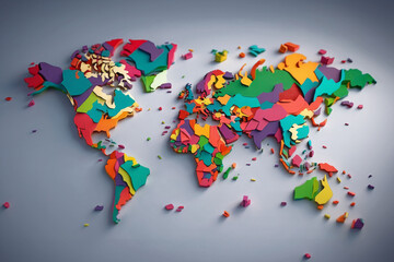 A modern representation of the world map is displayed in 3D, emphasizing the contours of continents. The design features a subtle 3D effect 