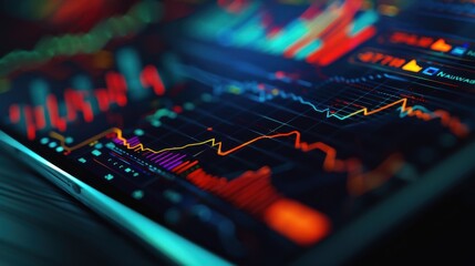 Dynamic financial market analysis displayed on a digital screen showcasing colorful trends and data visualizations in a modern workspace