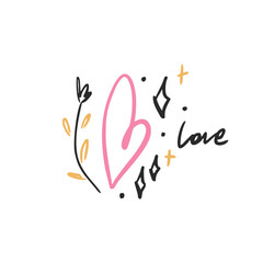 Hand drawn heart illustration. Symbol of love in doodle style and lettering: love. Grunge brush stroke for valentines day. Vector icon on white background.