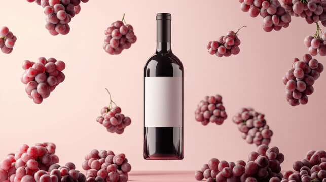 Minimalist wine bottle mockup: elegant bottle with grapes on a clean background. Modern vinology