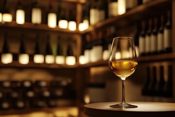Glass of white wine on table in cellar