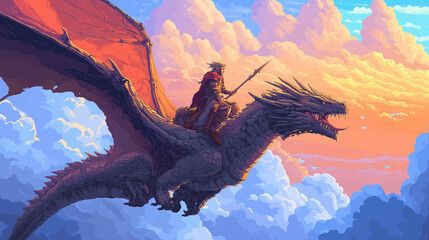 A dragon rider soaring through the skies on a fearsome dragon, medivel game character, pixel art style