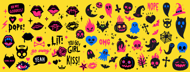 Mega set of cartoon stickers with funny comic illustrations of lips, skulls, ghosts and other cute doodles. A modern collection of tattoos and patches.