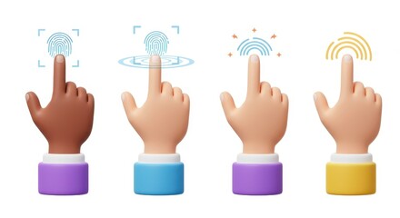 Fototapeta premium 3D illustration of different hands of varying skin tones each positioned with a raised index finger touching a virtual interface
