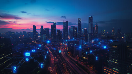 Fototapeta premium Abstract business man stands on the peak of success amid tall, innovative Smart city and graphs with statistics to analyze business potential and predict future developments in company growth.