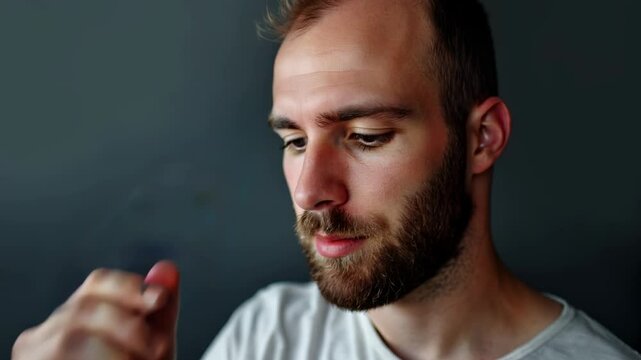 Closeup of an upset young man checking hair loss Bearded balding man with alopecia looking at camera. Concept of male alopecia, ageing, baldness, hair transplant