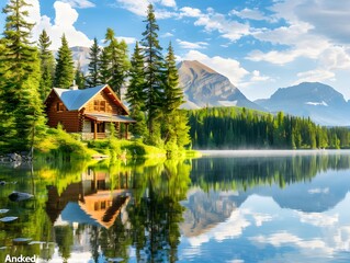 Fototapeta premium A charming log cabin sits on the shore of a tranquil lake, surrounded by towering trees and majestic mountains.