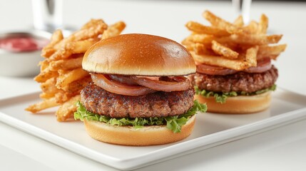 Juicy Hamburger with Crispy Fries and Fresh Ingredients on Plate