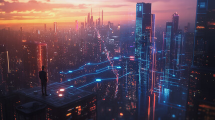 Fototapeta premium Abstract business man stands on the peak of success amid tall, innovative Smart city and graphs with statistics to analyze business potential and predict future developments in company growth.