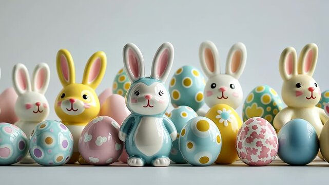 Cheerful easter bunny display with colorful egg decorations in festive arrangement