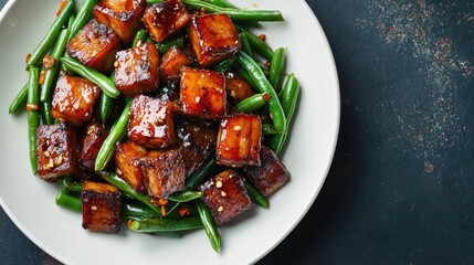 Pork belly stir-fried with green beans and chili, served on a white plate with a dark, textured background for contrast
