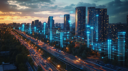 Abstract business man stands on the peak of success amid tall, innovative Smart city and graphs with statistics to analyze business potential and predict future developments in company growth.