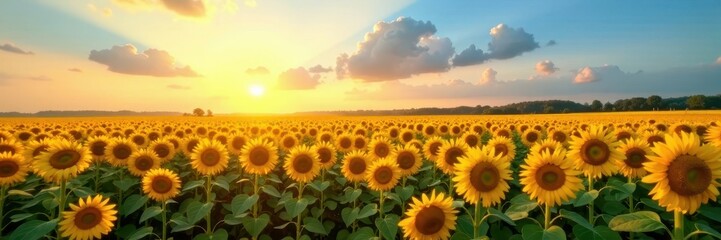 Fototapeta premium golden hour over a vast sea of tall yellow sunflowers and a clear blue sky, peaceful atmosphere, rural landscape, sunset effect