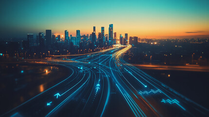 Obraz premium Abstract business man stands on the peak of success amid tall, innovative Smart city and graphs with statistics to analyze business potential and predict future developments in company growth.