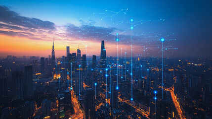 Fototapeta premium Abstract business man stands on the peak of success amid tall, innovative Smart city and graphs with statistics to analyze business potential and predict future developments in company growth.