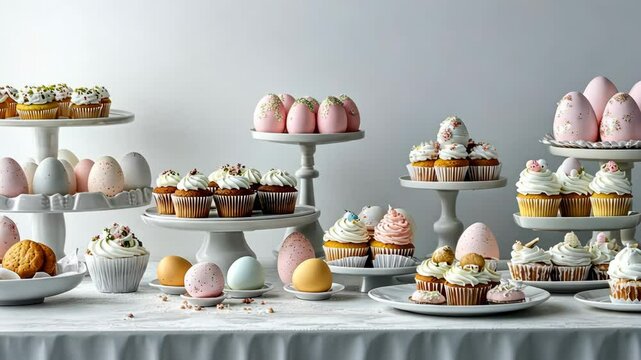 Elegant dessert display with moving cupcake tiers and colorful sweets