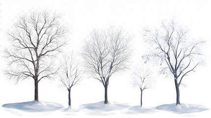 Fototapeta premium Set off different winter tree covered with snow isolated on white or transparent png. Sunweave. Illustration