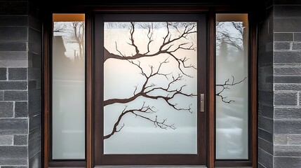 A back door with a frosted glass panel shaped like a tree branch 