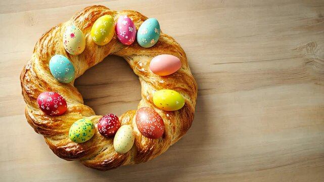 Colorful easter wreath with painted eggs rotating on wooden table in soft light
