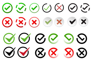 Check box tick mark icon set button correct right wrong buttons or yes or no checkmark red cross green tick vector illustration