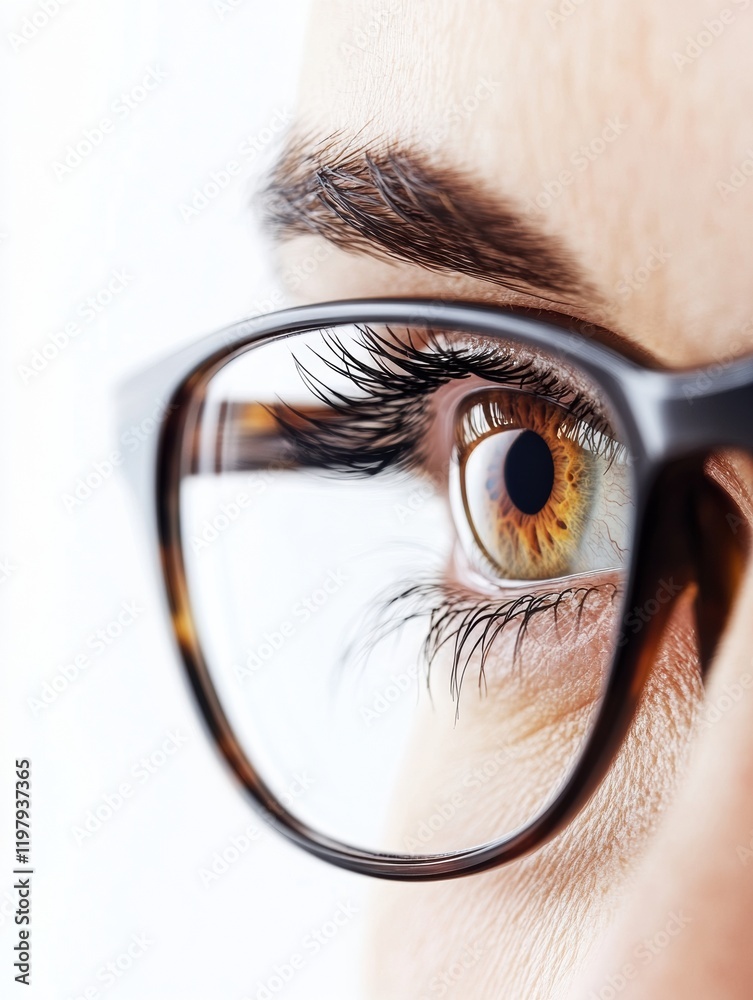Aufkleber Close up view of a human eye wearing glasses showing unique details of iris and eyelashes in a bright environment. Generative AI