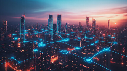 Fototapeta premium Abstract business man stands on the peak of success amid tall, innovative Smart city and graphs with statistics to analyze business potential and predict future developments in company growth.