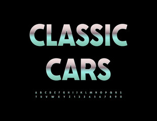 Vector luxury sign Classic Cars with elegant metallic Font. Reflective Alphabet Letters and Numbers set