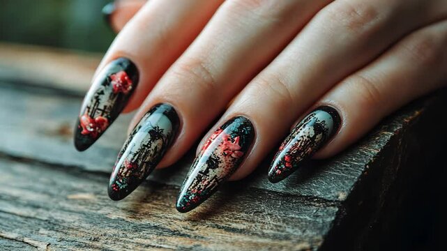 Closeup of artistic floral nail art displayed on wooden surface