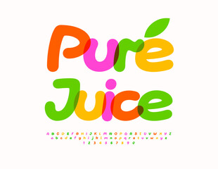 Vector Colorful Label Pure Juice. Funny Handwritten Font. Watercolor Alphabet Letters and Numbers set.