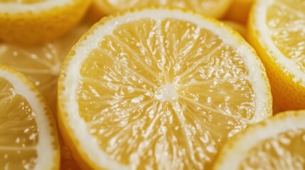 Close-up of sliced lemons, showcasing their juicy texture and vibrant yellow color.