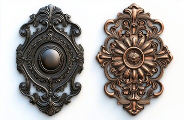 Ornate Doorbell Buttons: A pair of exquisitely crafted doorbell buttons in black and copper, showcasing intricate scrollwork and floral motifs. The design embodies elegance and craftsmanship.