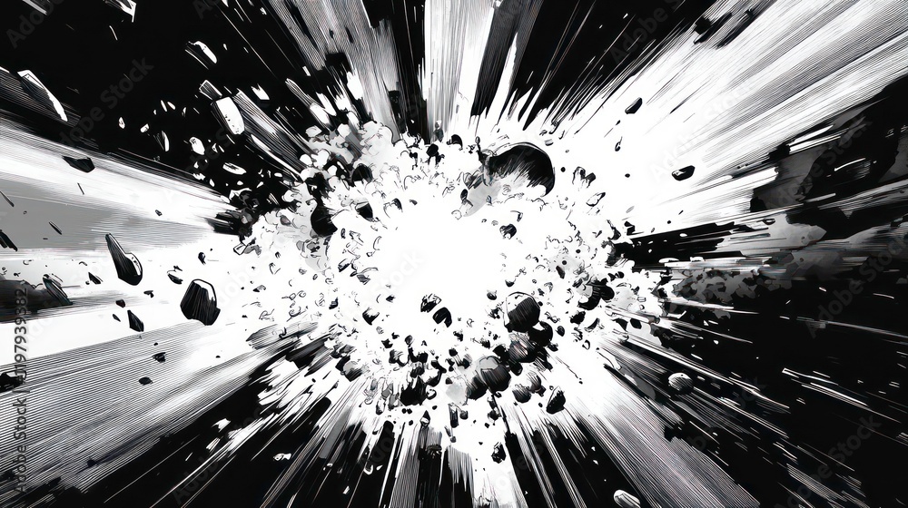 Poster abstract monochrome image depicting a high-speed explosion with debris radiating outwards from a bri