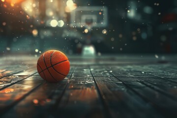 Obraz premium Basketball rests on a wooden floor with cinematic effects and vibrant motion graphics