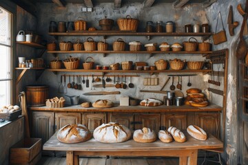 A rustic bakery interior with shelves of bread and kitchenware, showcasing artisanal baking.