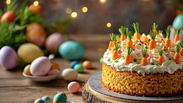 Festive easter carrot cake with colorful egg decor on rustic wooden table