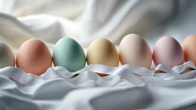 Vibrant pastel eggs align on elegant satin fabric in gentle sequence