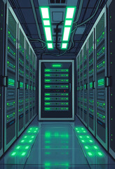 Server room interior with green lighting. Data center, network infrastructure concept