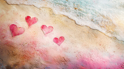 Romantic Valentine's Day beach scene with heart-shaped footprints