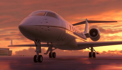 Obraz premium Private Jet on the Runway at Sunset