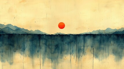 Vibrant sunset over tranquil water reflecting mountains and an orange sun in a serene landscape