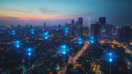Fototapeta premium Abstract business man stands on the peak of success amid tall, innovative Smart city and graphs with statistics to analyze business potential and predict future developments in company growth.