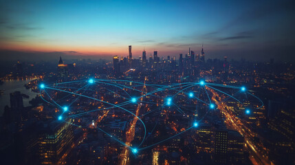 Fototapeta premium Abstract business man stands on the peak of success amid tall, innovative Smart city and graphs with statistics to analyze business potential and predict future developments in company growth.