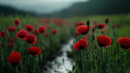 Fototapeta premium Vibrant red poppies bloom in a serene meadow near a winding stream