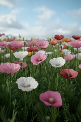Fototapeta premium Colorful poppy field under a bright sky during daylight hours