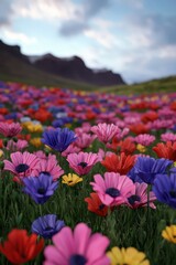 Obraz premium Vibrant field of blooming flowers under a cloudy sky in the countryside
