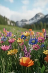 Fototapeta premium Vibrant wildflower field in the mountains during springtime afternoon